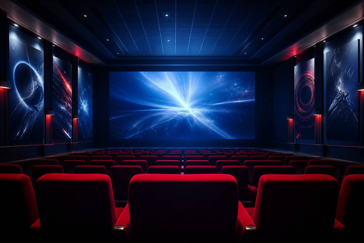 Salle de cinéma obscure avec grand écran lumineux pour projection de science-fiction