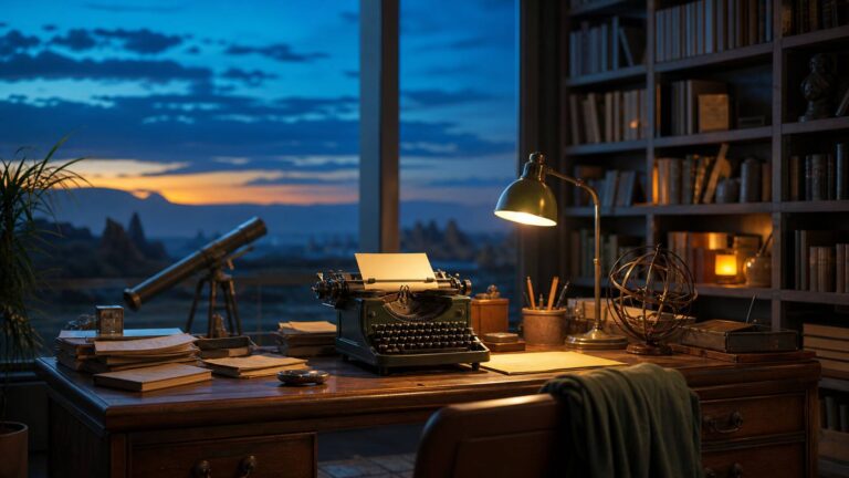 Bureau d'ecrivain de science-fiction avec machine a ecrire vintage et manuscrits empiles
