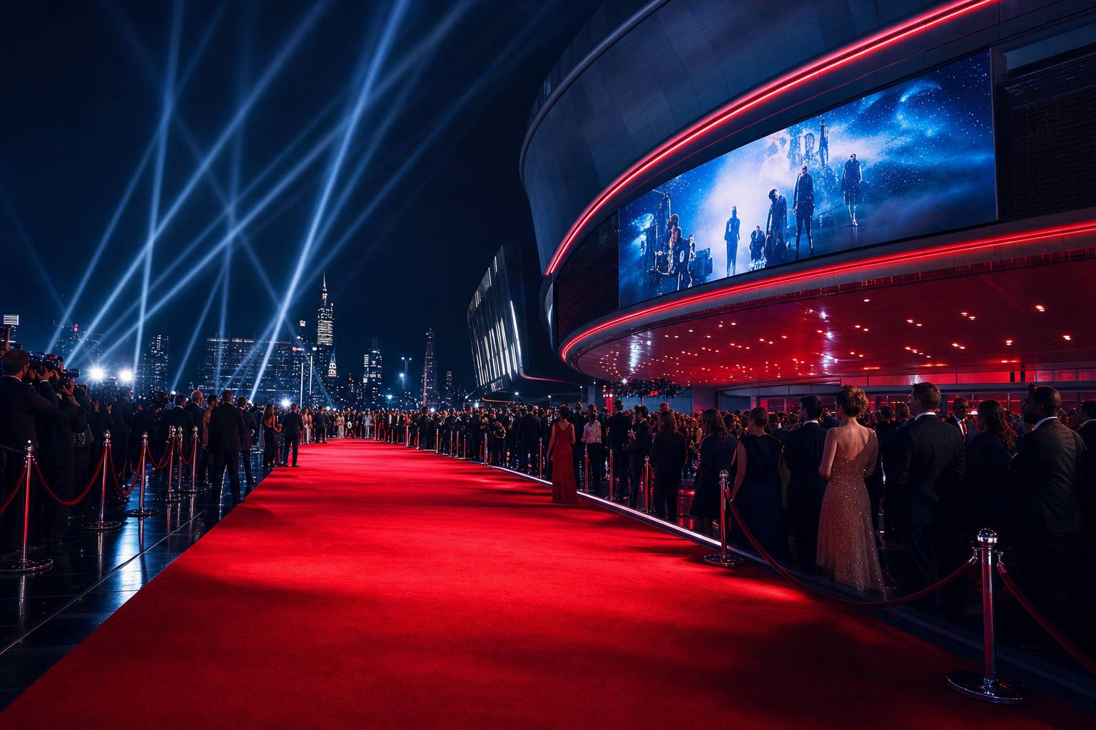 Avant-première cinéma avec tapis rouge projecteurs et public assistant à la projection