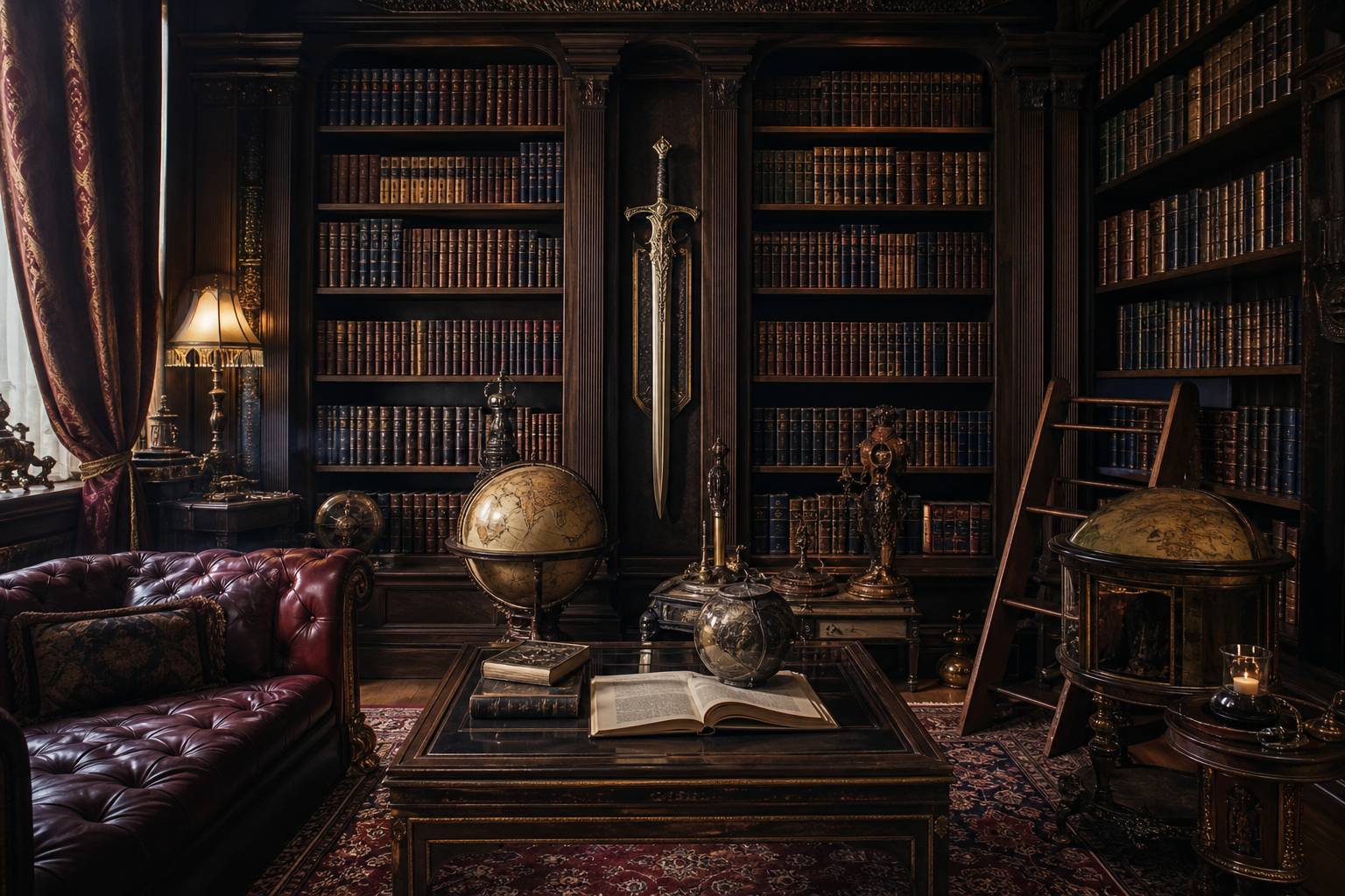 Bibliotheque ancienne livres fantasy epee decorative globe univers fantastique