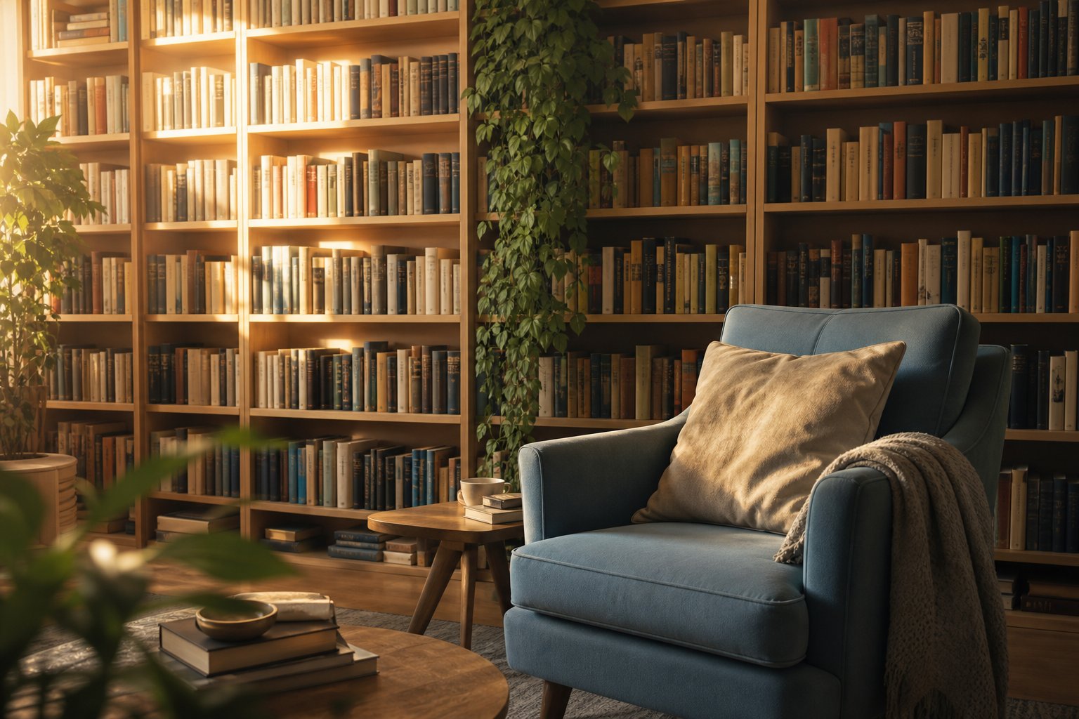 Bibliothèque avec étagères en bois et fauteuil de lecture confortable