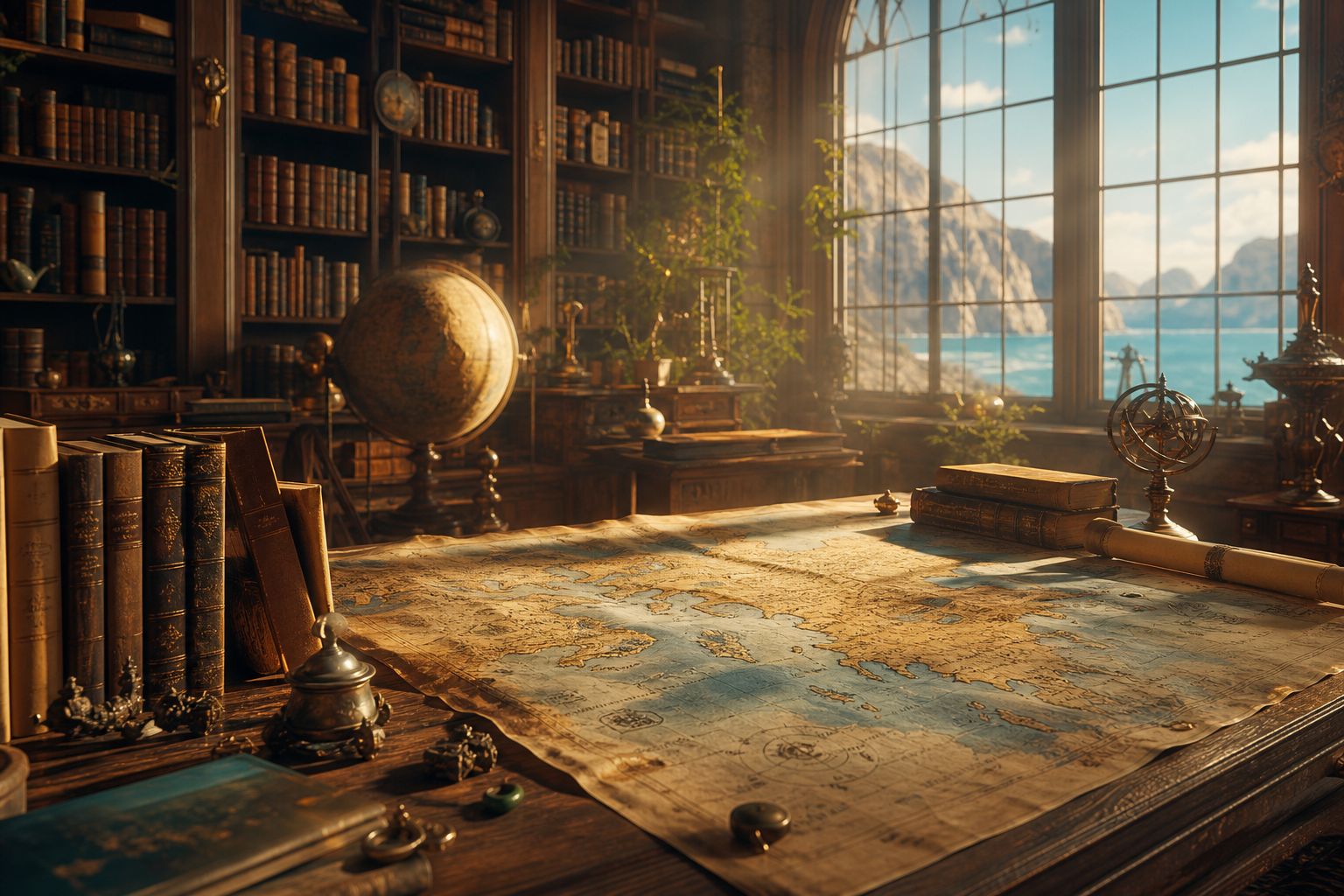 Bibliotheque avec livres anciens et carte du monde fantastique deployee sur table en bois