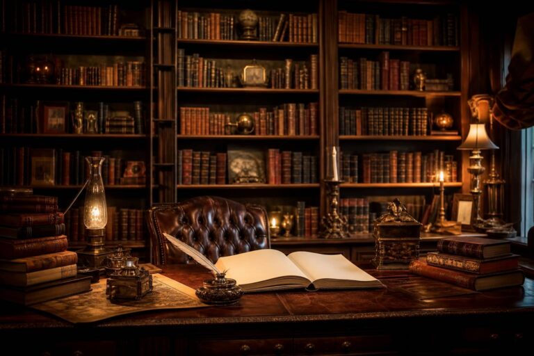 Bibliotheque chaleureuse avec livres anciens plume manuscrit ouvert univers ecrivain fantasy