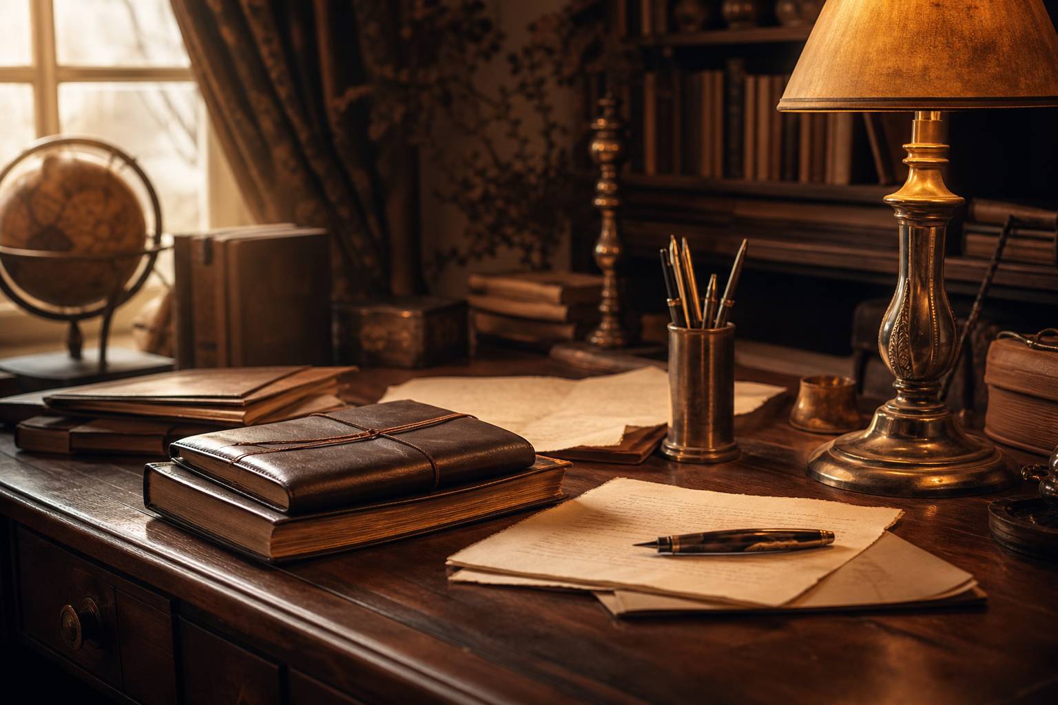 Bureau decrivain avec lampe carnets stylo plume et pages manuscrites creation litteraire