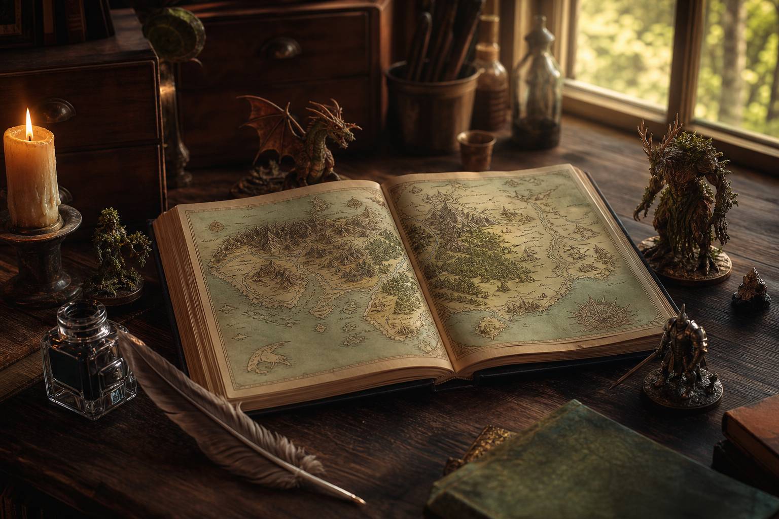 Livre de fantasy ouvert montrant une carte de monde imaginaire avec figurines et bougie sur un bureau