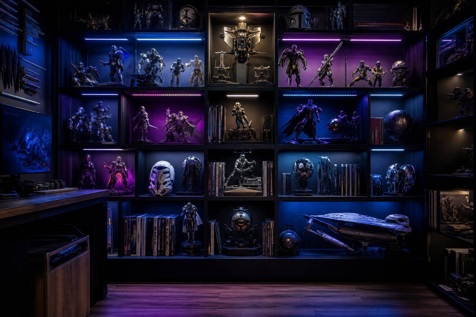 Étagère de collectionneur avec figurines gaming et accessoires pop culture éclairés en RGB