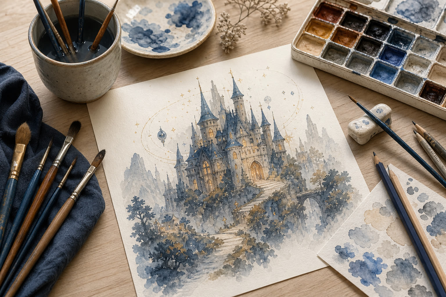Plan de travail d'artiste avec pinceaux et illustration fantasy