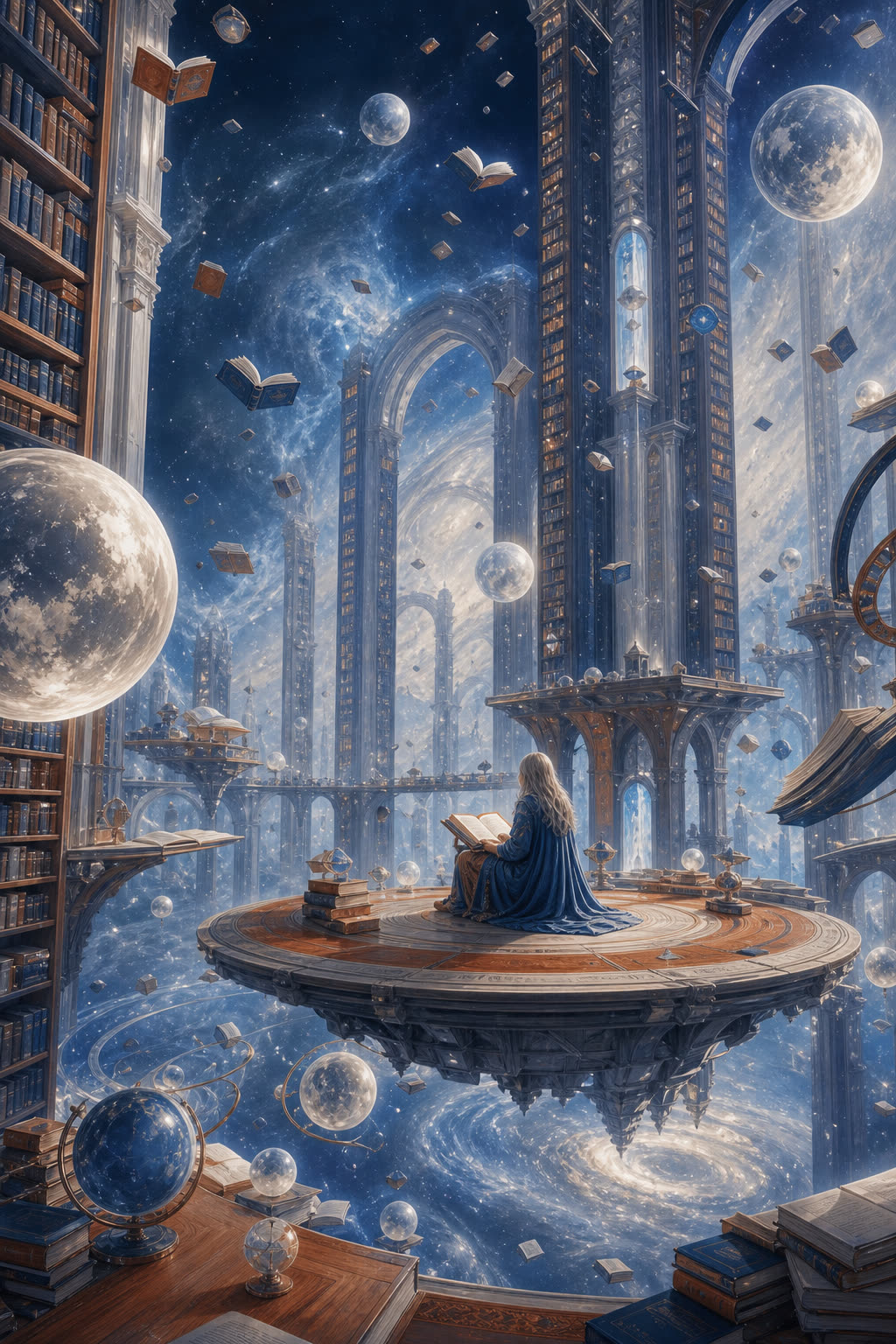 Bibliothèque cosmique avec des livres flottants et des sphères lumineuses