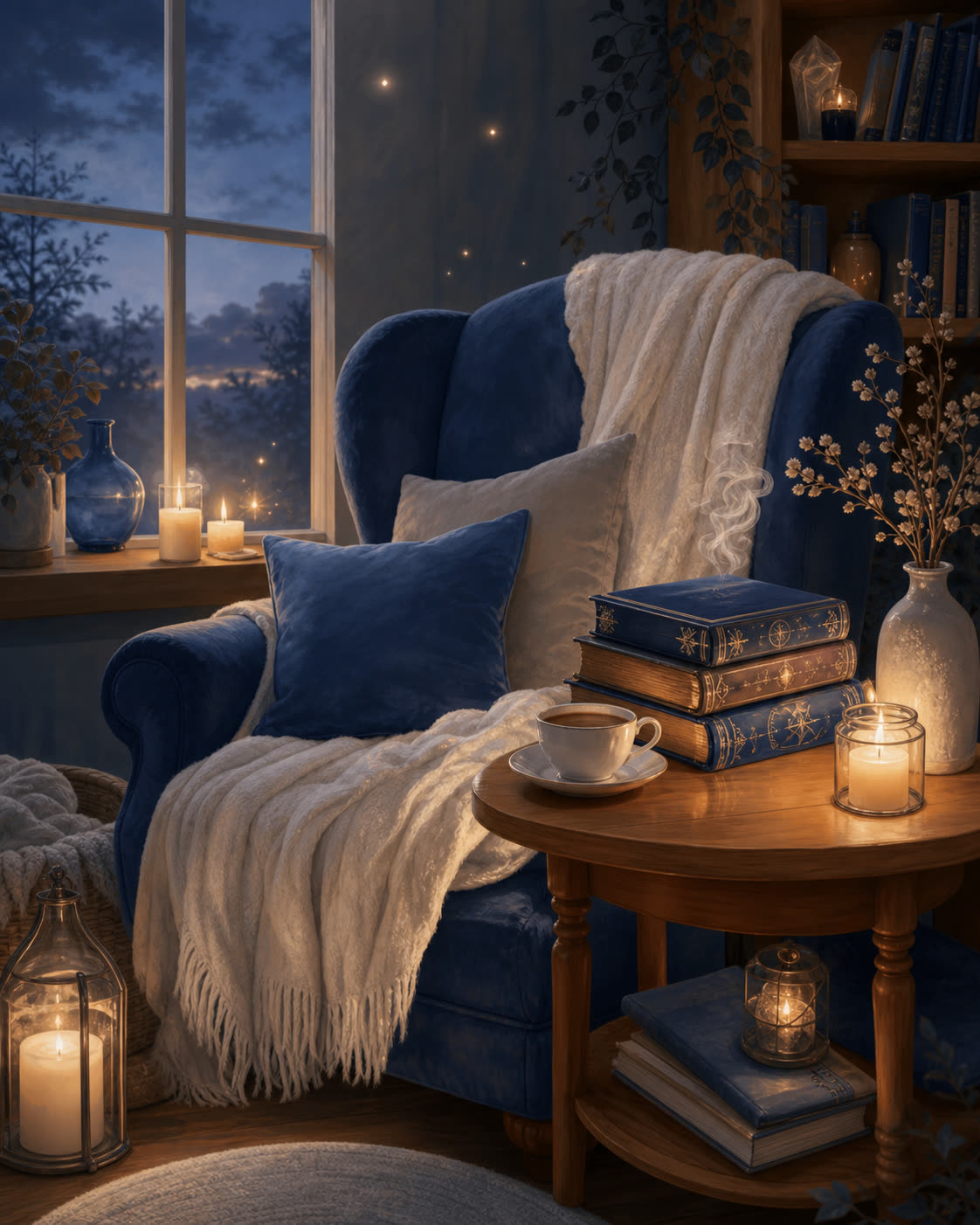 Coin lecture cosy avec des romans fantasy et une tasse de thé