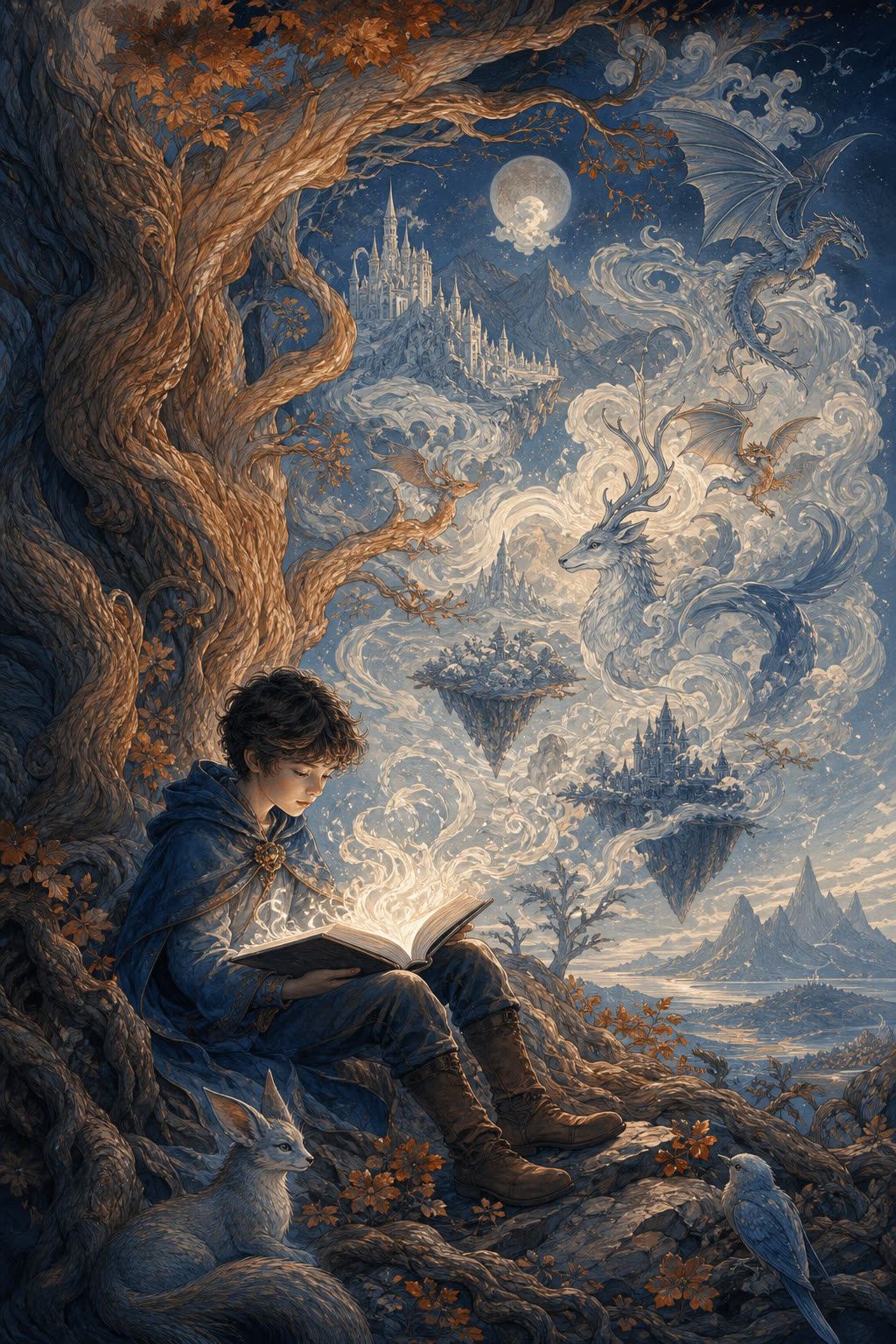 Jeune lecteur sous un arbre ouvrant un livre lumineux