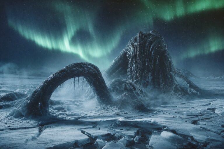 Créature extraterrestre émergeant des glaces de l'Arctique sous une aurore boréale