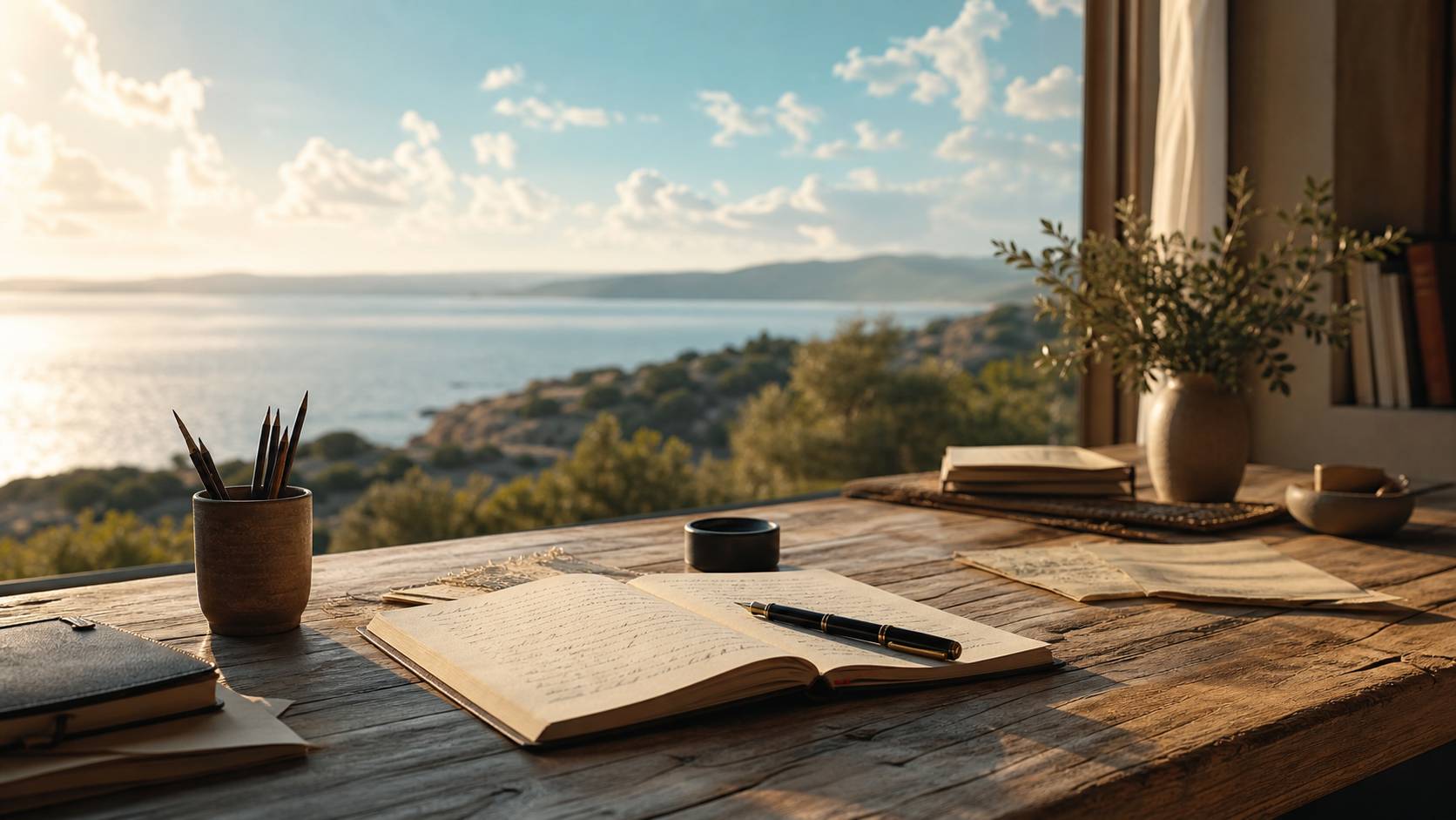 Carnet de notes manuscrites et stylo plume sur plan de travail en bois, ambiance studieuse
