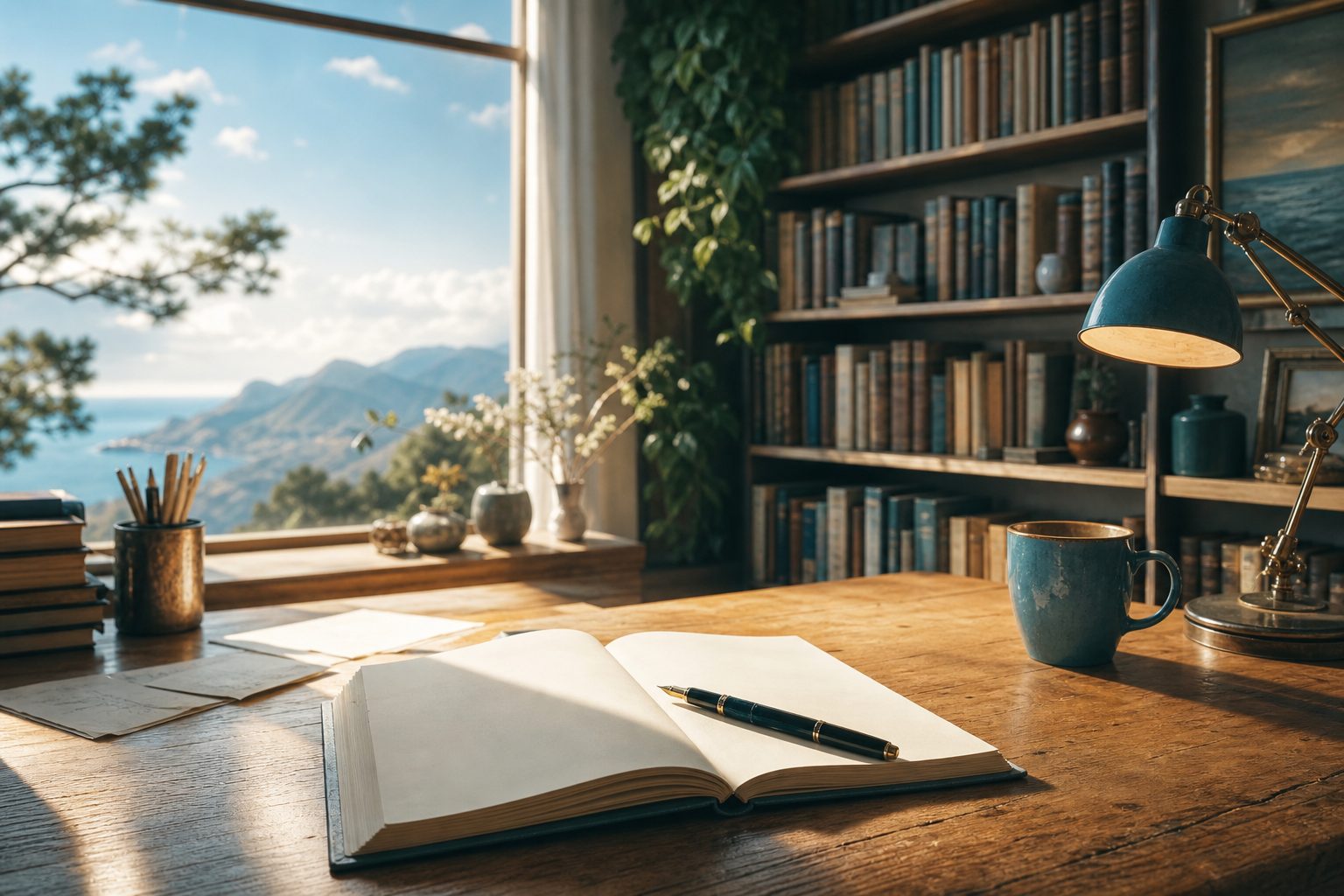 Espace de travail d ecrivain avec carnet plume et bibliotheque litterature fantasy