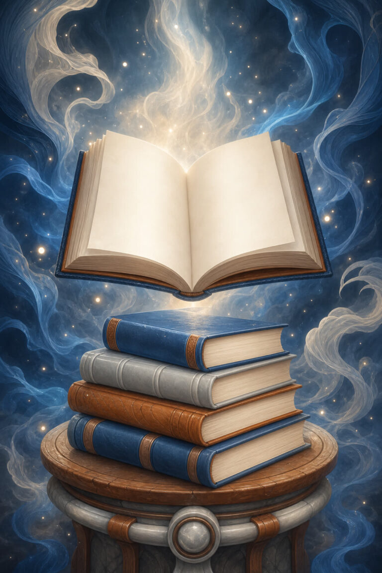 Livre lumineux flottant au-dessus d'une pile d'ouvrages fantasy