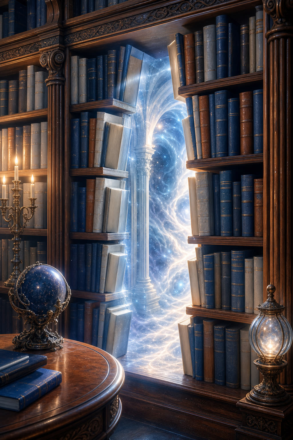 Bibliothèque magique avec un portail mystérieux entre les livres
