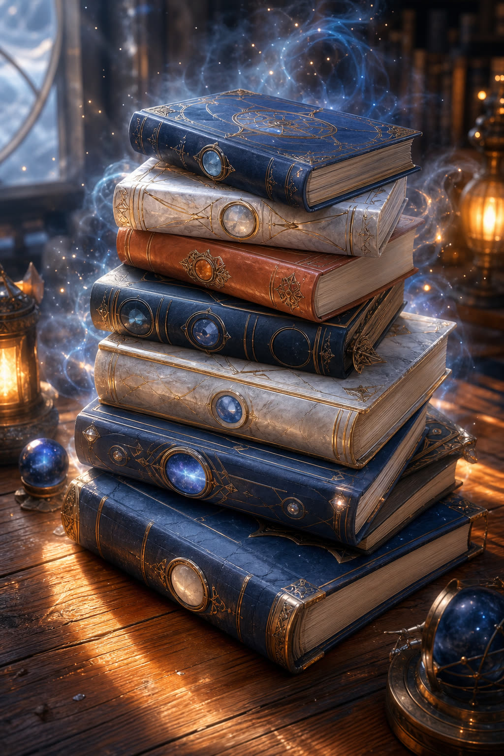 Pile de livres fantasy et science-fiction avec une aura magique