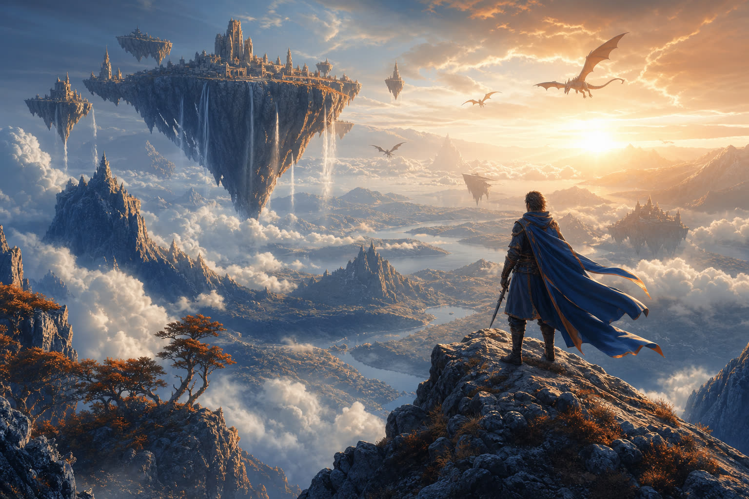 Aventurier solitaire au bord d'un monde fantasy avec des dragons