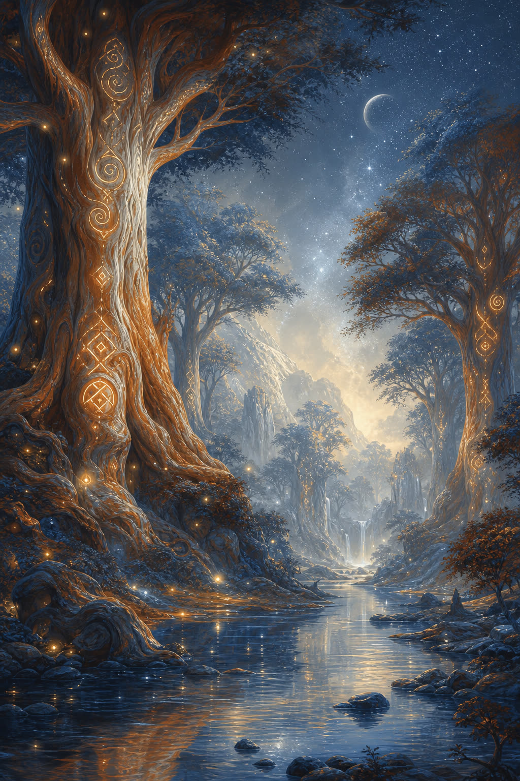 Forêt enchantée avec des runes lumineuses sur les arbres