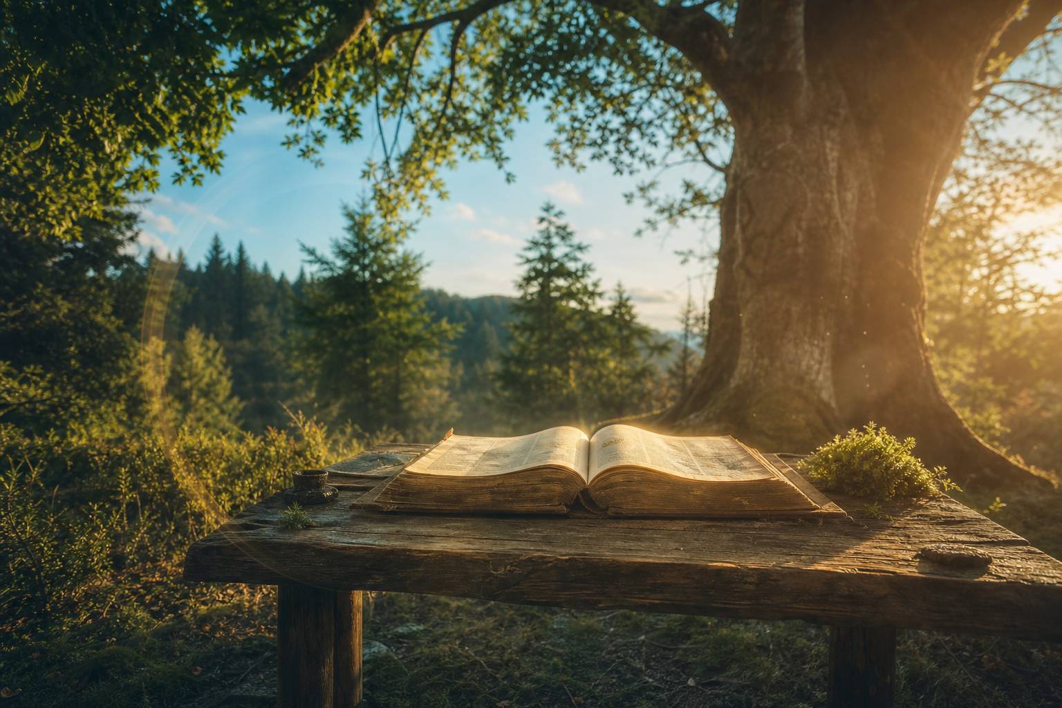 Grimoire ancien pose dans une clairiere ensoleillee atmosphere mystique
