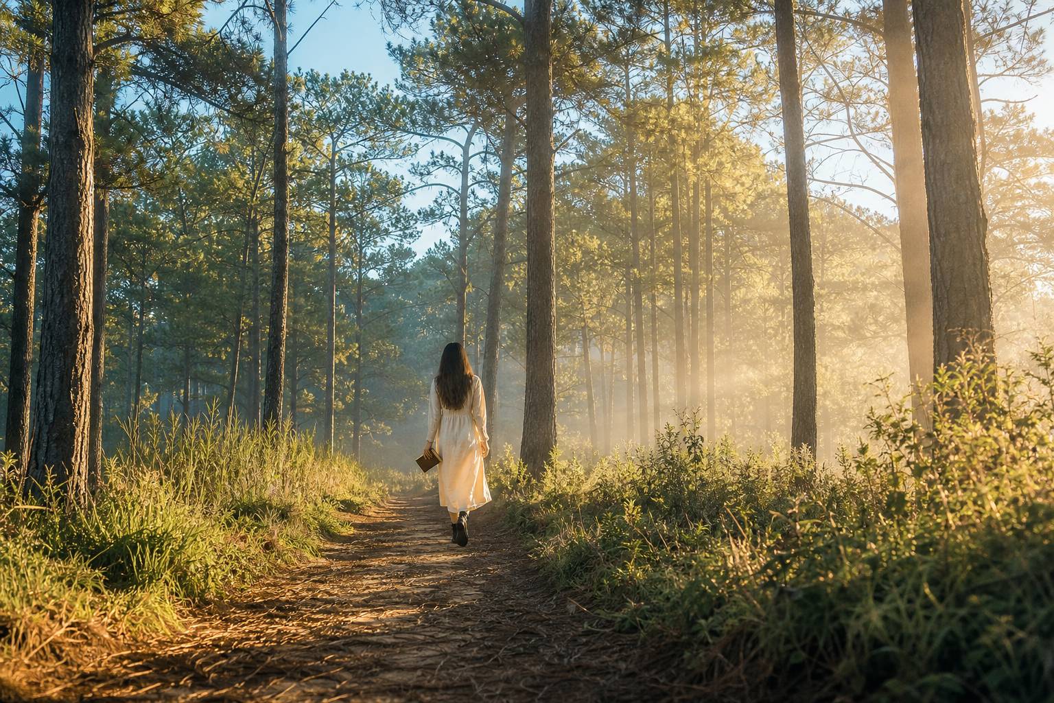 Sorciere marchant dans une foret avec un grimoire ancien en main