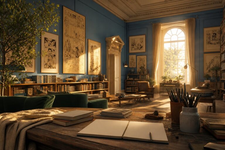 Bibliotheque creative avec planches de bande dessinee encadrees et lumiere chaude de soiree
