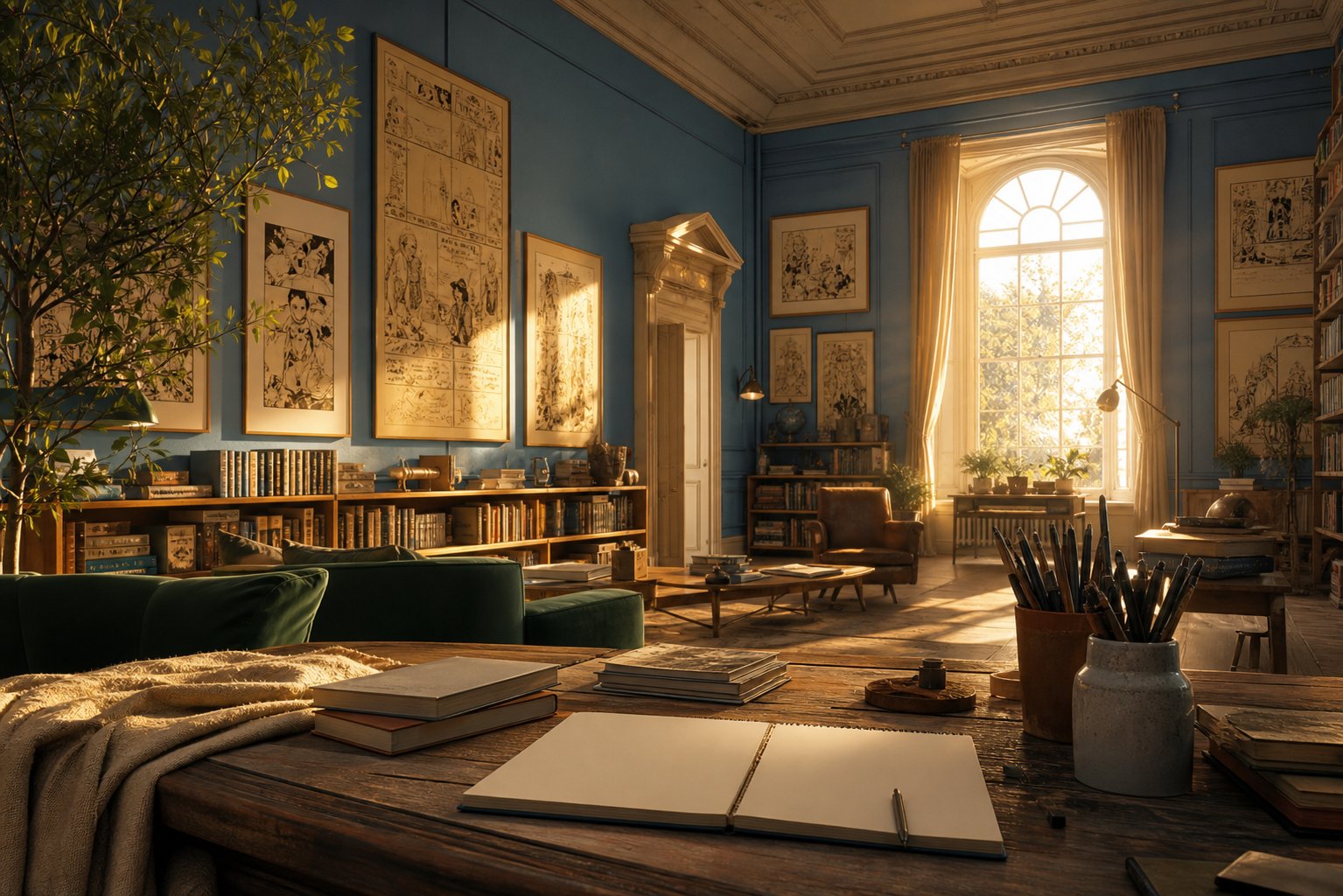 Bibliotheque creative avec planches de bande dessinee encadrees et lumiere chaude de soiree