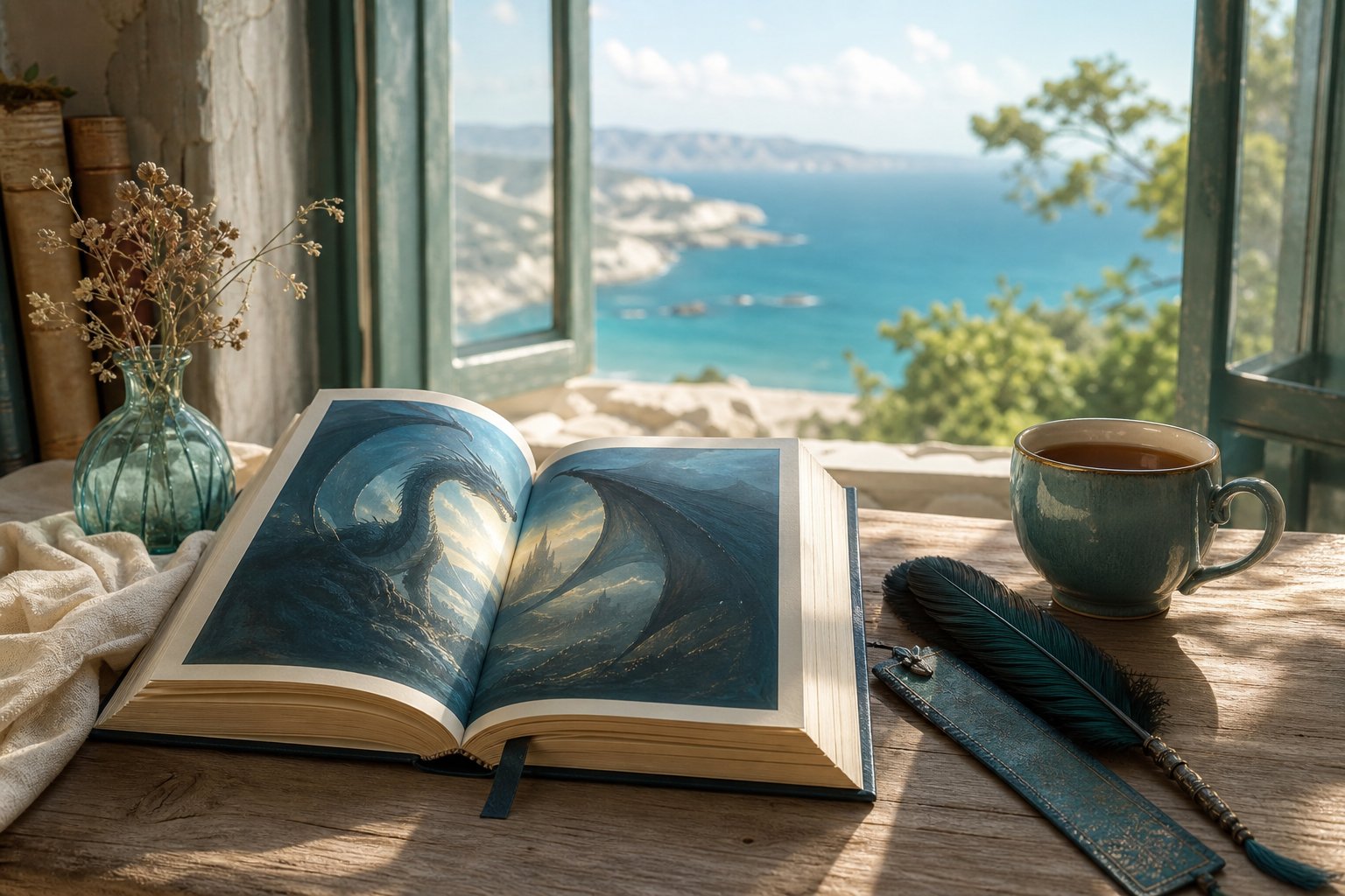 Livre de fantasy ouvert avec couverture illustrant un dragon, tasse de the et plume