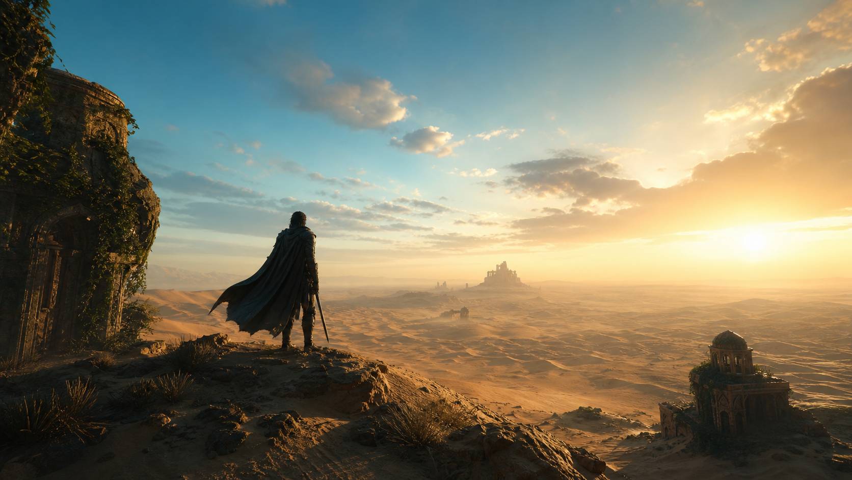 Vue paysage desertique d un guerrier legendaire au coucher de soleil