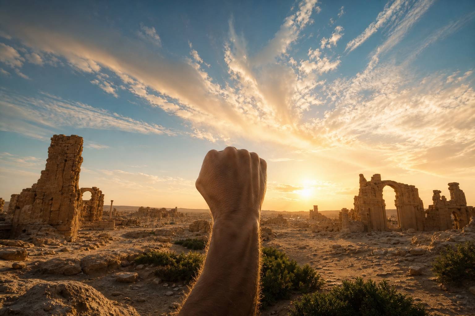 Poing s elevant vers le ciel dans un paysage de ruines desertiques