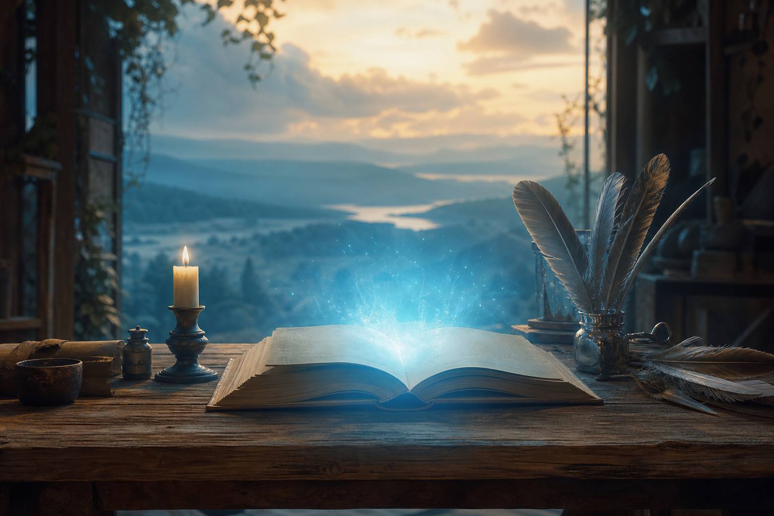 Livre ouvert émettant une lueur magique bleutée sur une table ancienne en bois
