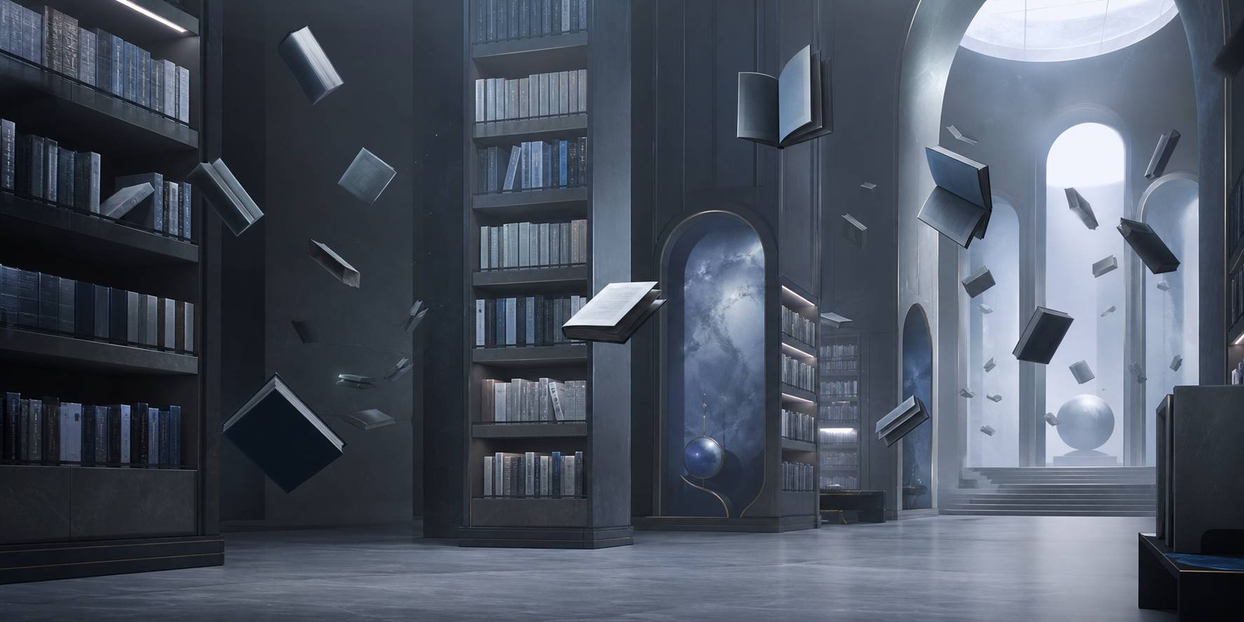 Bibliotheque onirique livres flottants fantasy imaginaire