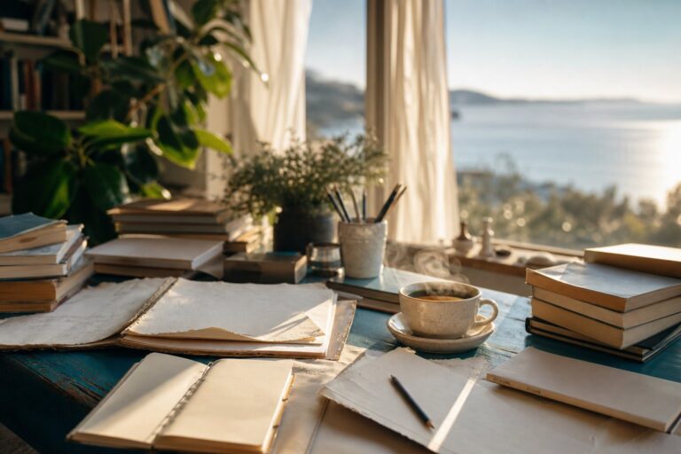 Bureau créatif avec manuscrit, carnets et livres de fantasy empilés