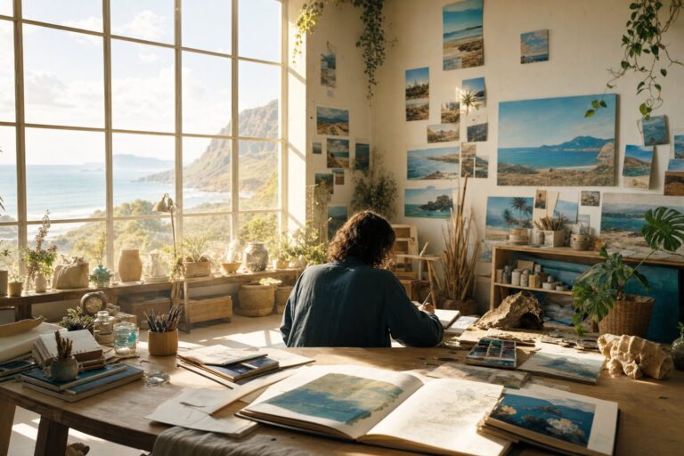 Artiste dans atelier baigné de lumière carnets croquis photos voyage ambiance créative