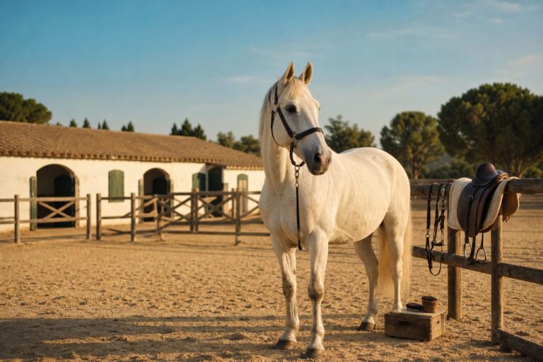 Cheval dans paddock a l heure doree avec equipement equestre elegant