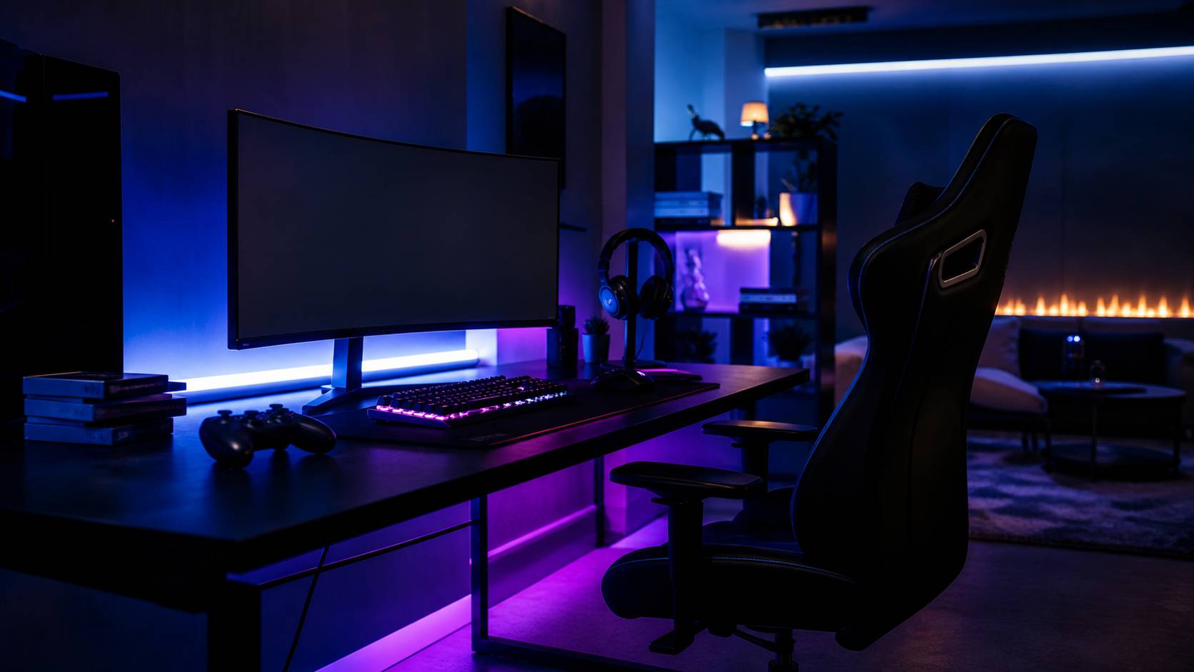Setup gamer avec écran incurvé, manette et casque éclairé aux LED RGB violettes