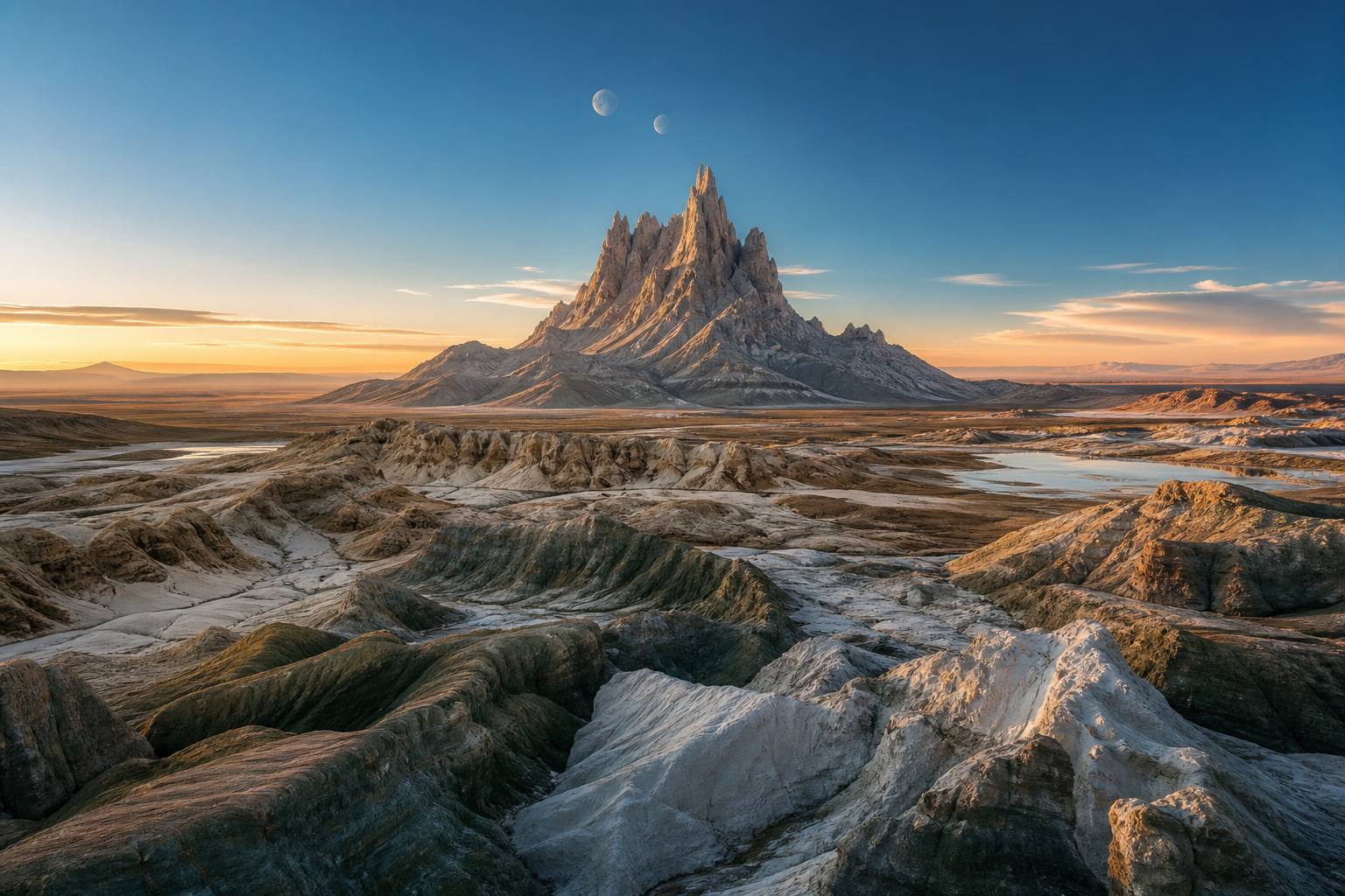 Paysage rocheux extraterrestre avec lunes dans le ciel crépusculaire