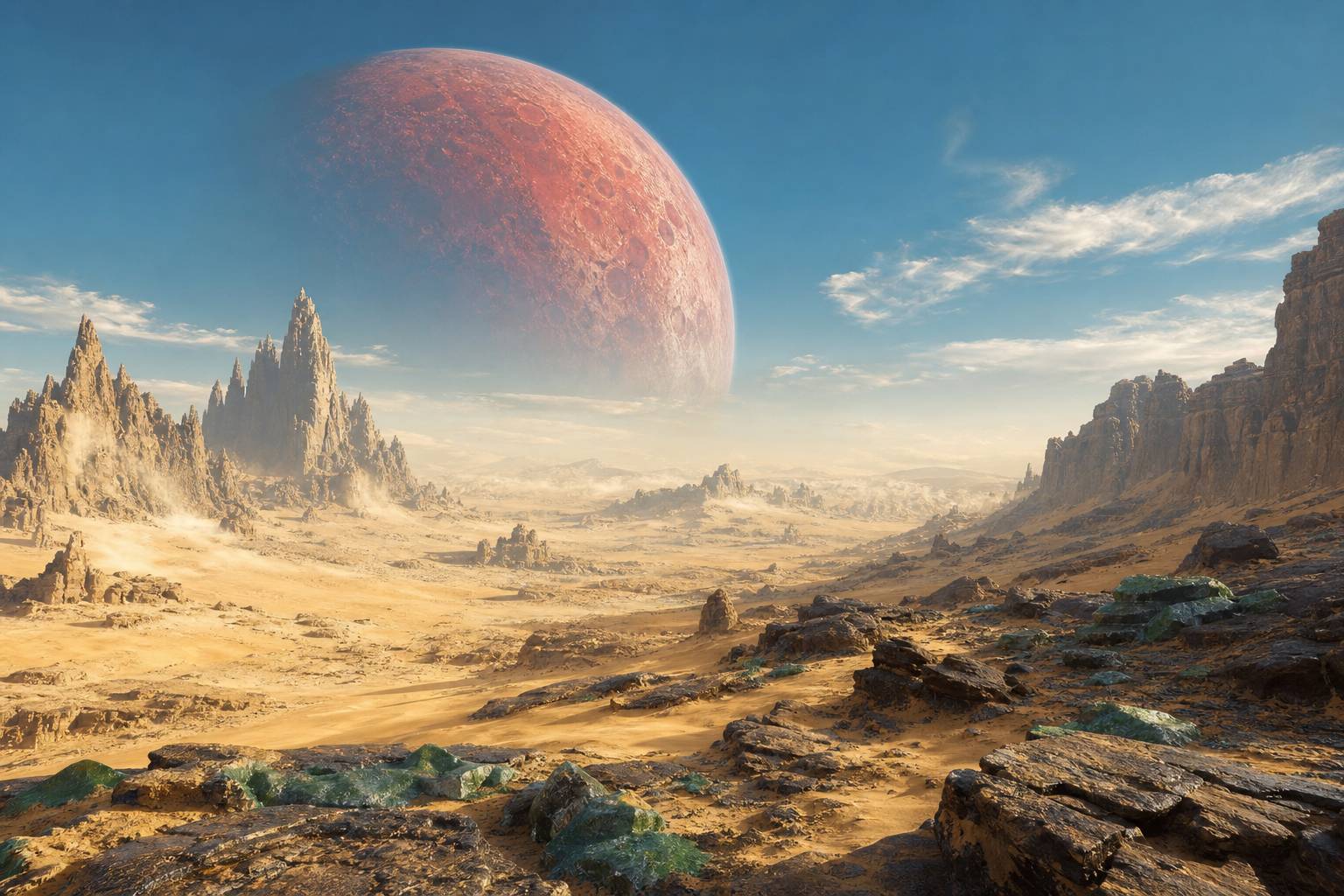 Paysage lunaire avec planète rouge géante dans le ciel