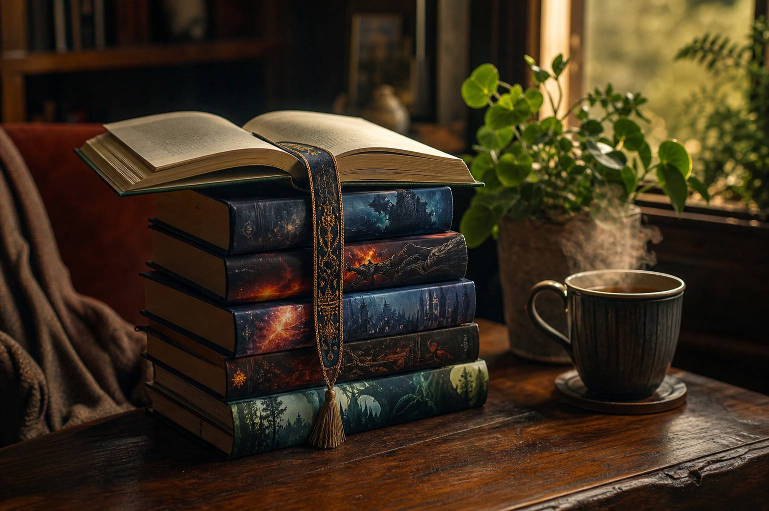 Pile de livres de fantasy et science fiction sur une table avec tasse de cafe et plante verte