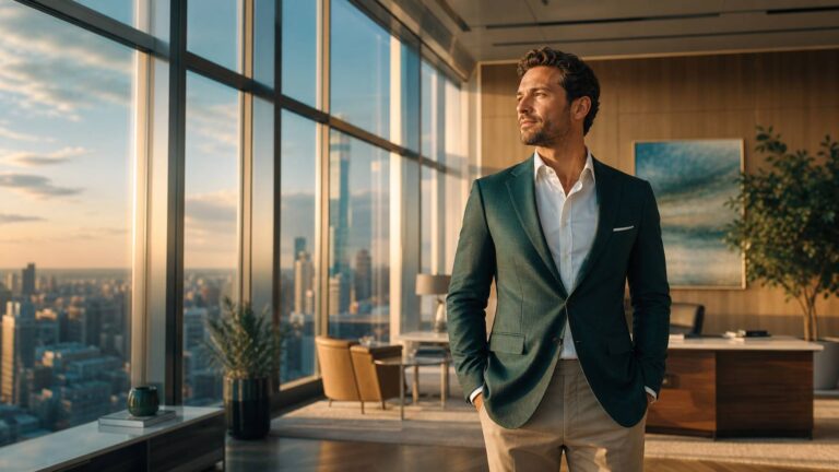 Leader inspirant dans un bureau moderne avec vue sur la ville