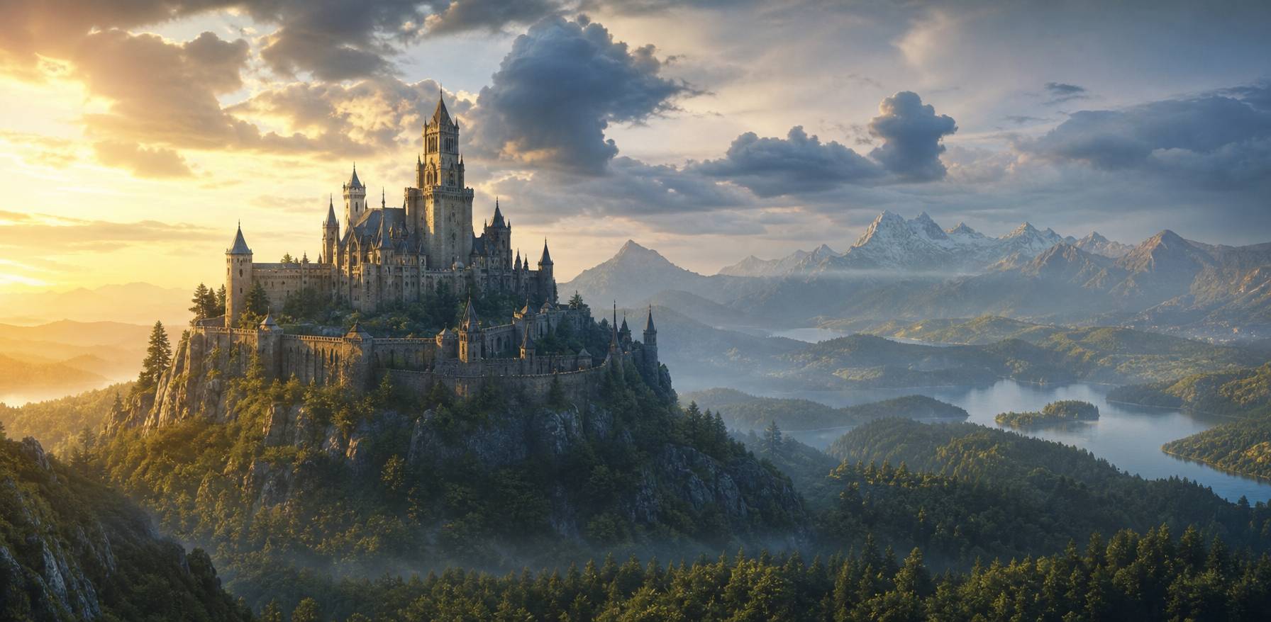Royaume fantastique chateau medieval montagnes ciel dramatique oeuvre fantasy