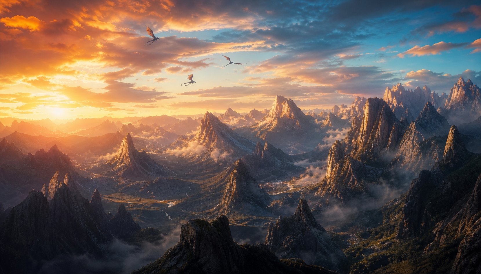Paysage fantastique de montagnes avec silhouettes de dragons au coucher du soleil