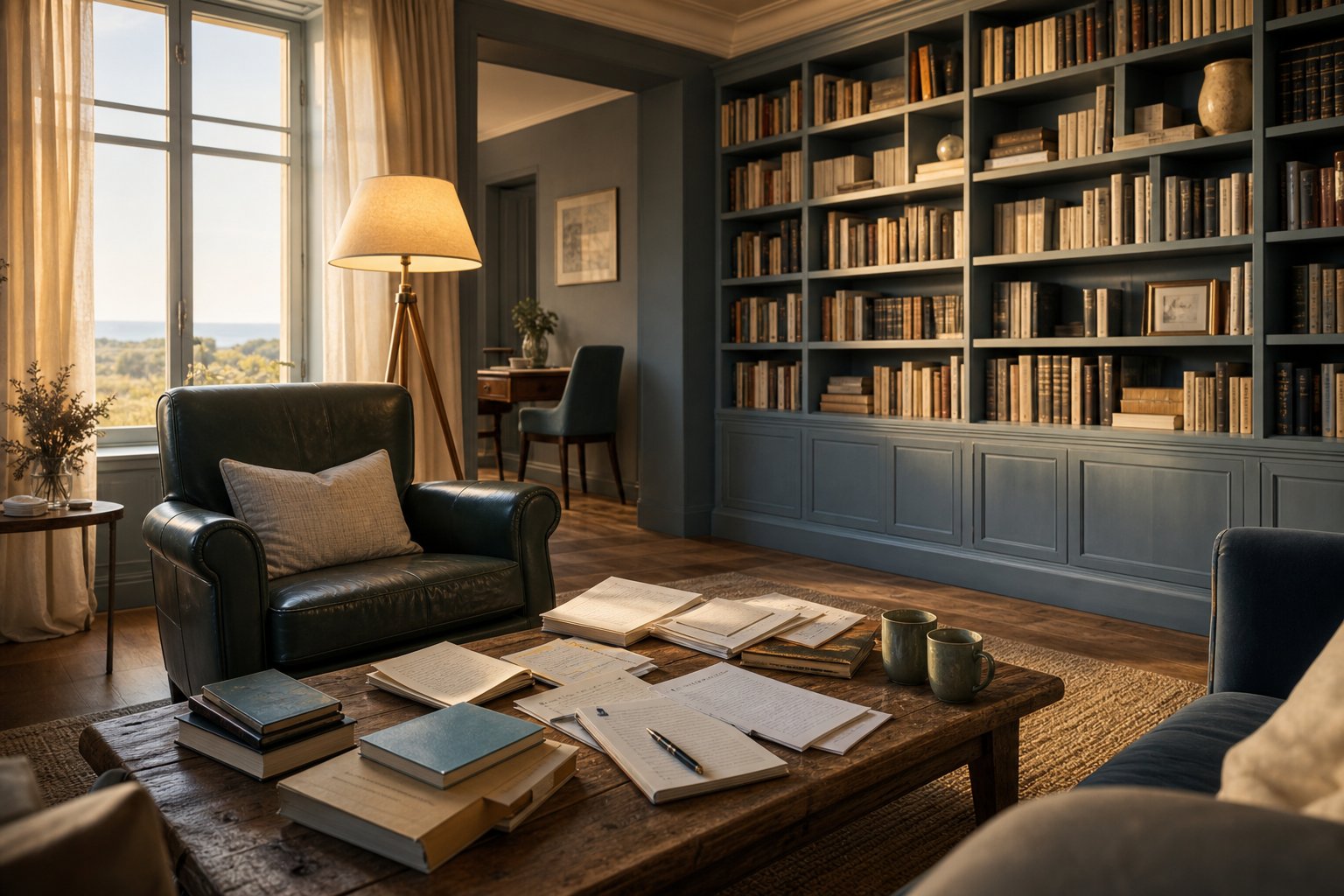 Salon littéraire cosy avec fauteuil club et bibliothèque pour rencontre auteur-éditeur