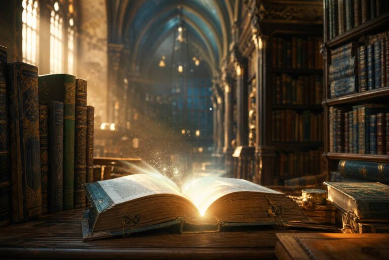 Bibliothèque ancienne avec livres de science-fiction et fantasy, lueur magique évasion