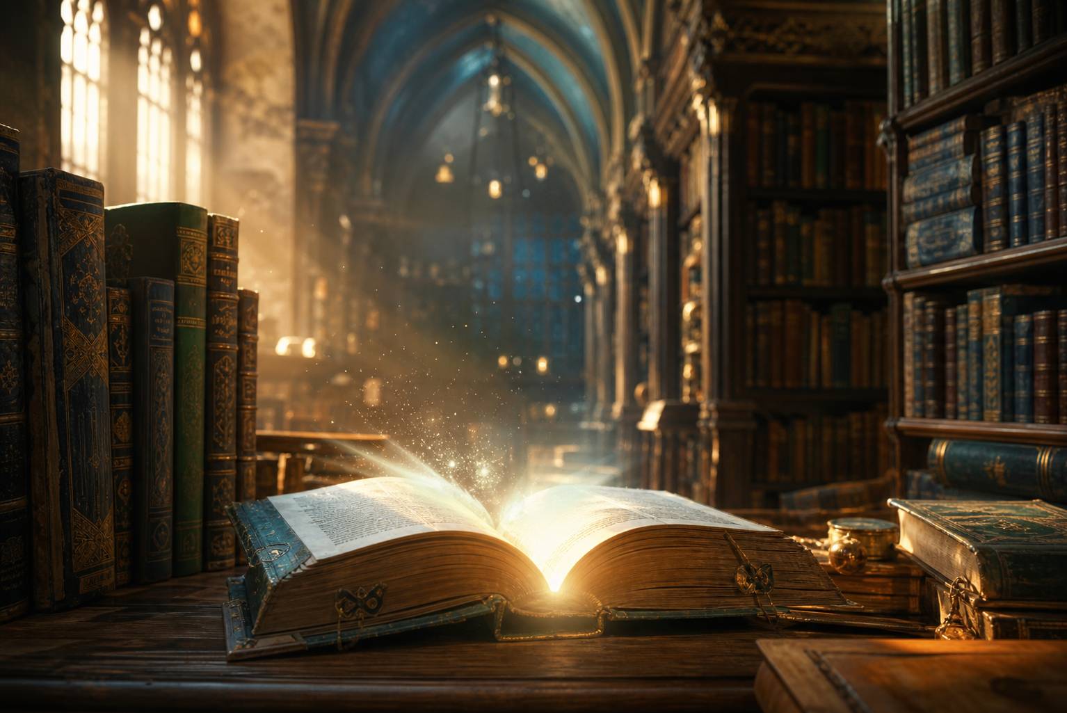 Bibliothèque ancienne avec livres de science-fiction et fantasy, lueur magique évasion