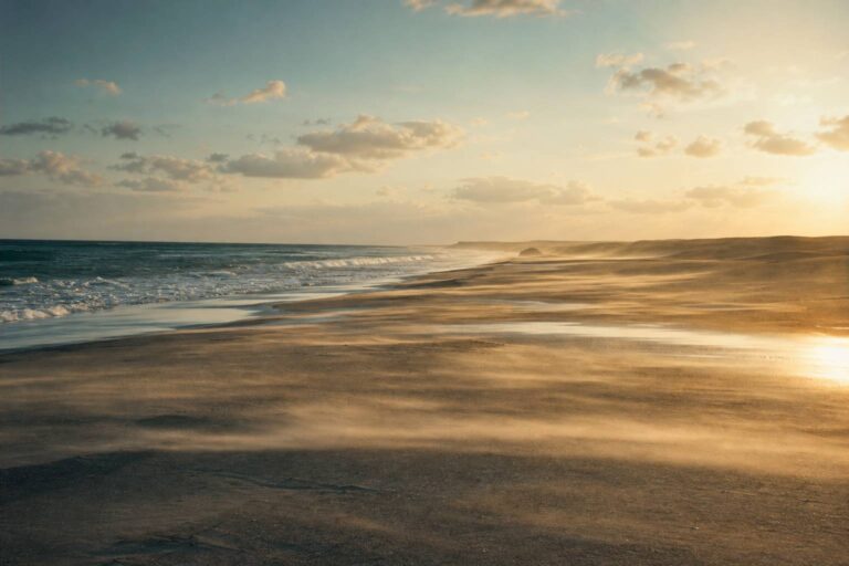 Paysage marin ou désertique au coucher du soleil, lumière rasante et ambiance immersive