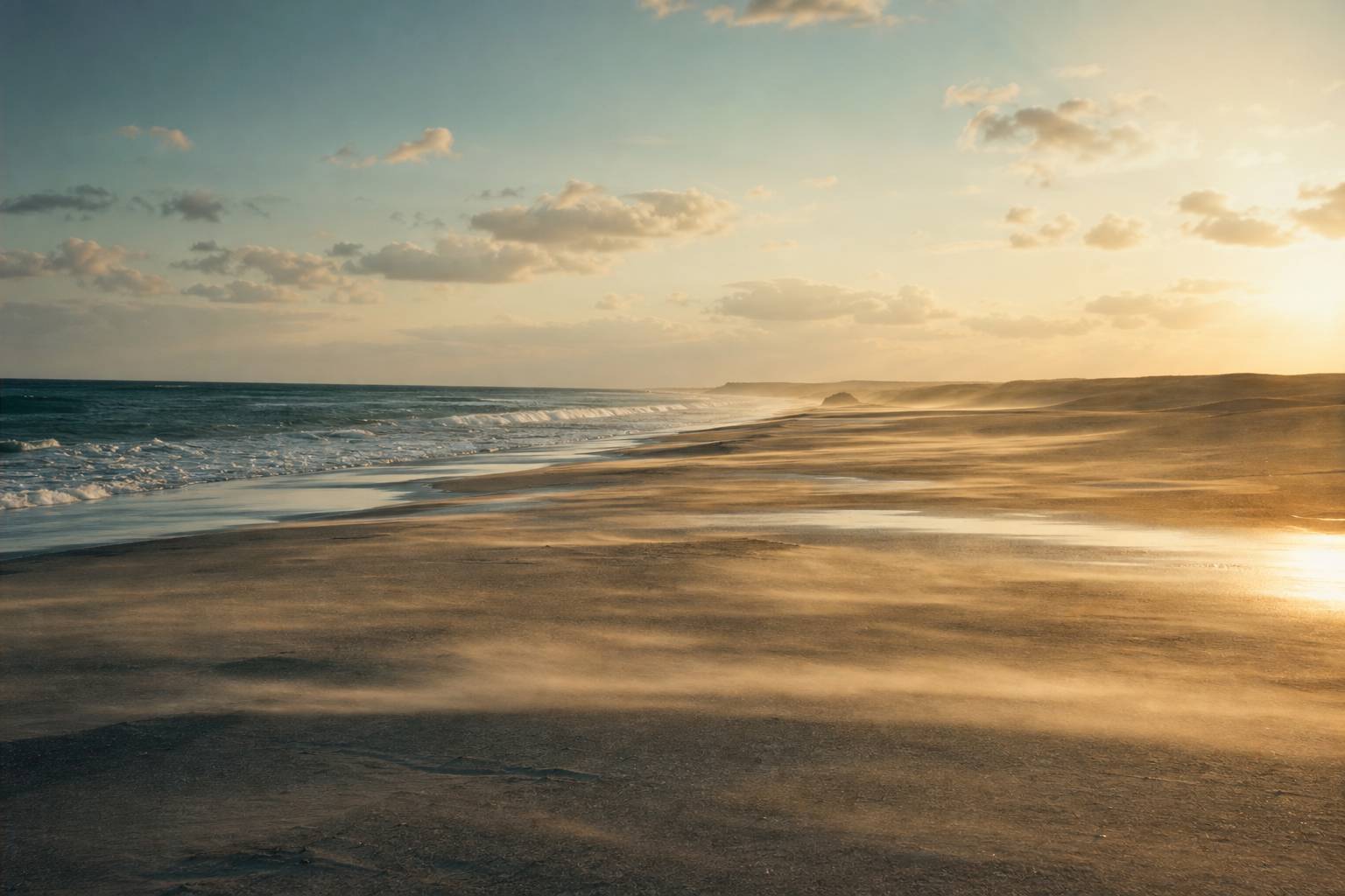 Paysage marin ou désertique au coucher du soleil, lumière rasante et ambiance immersive