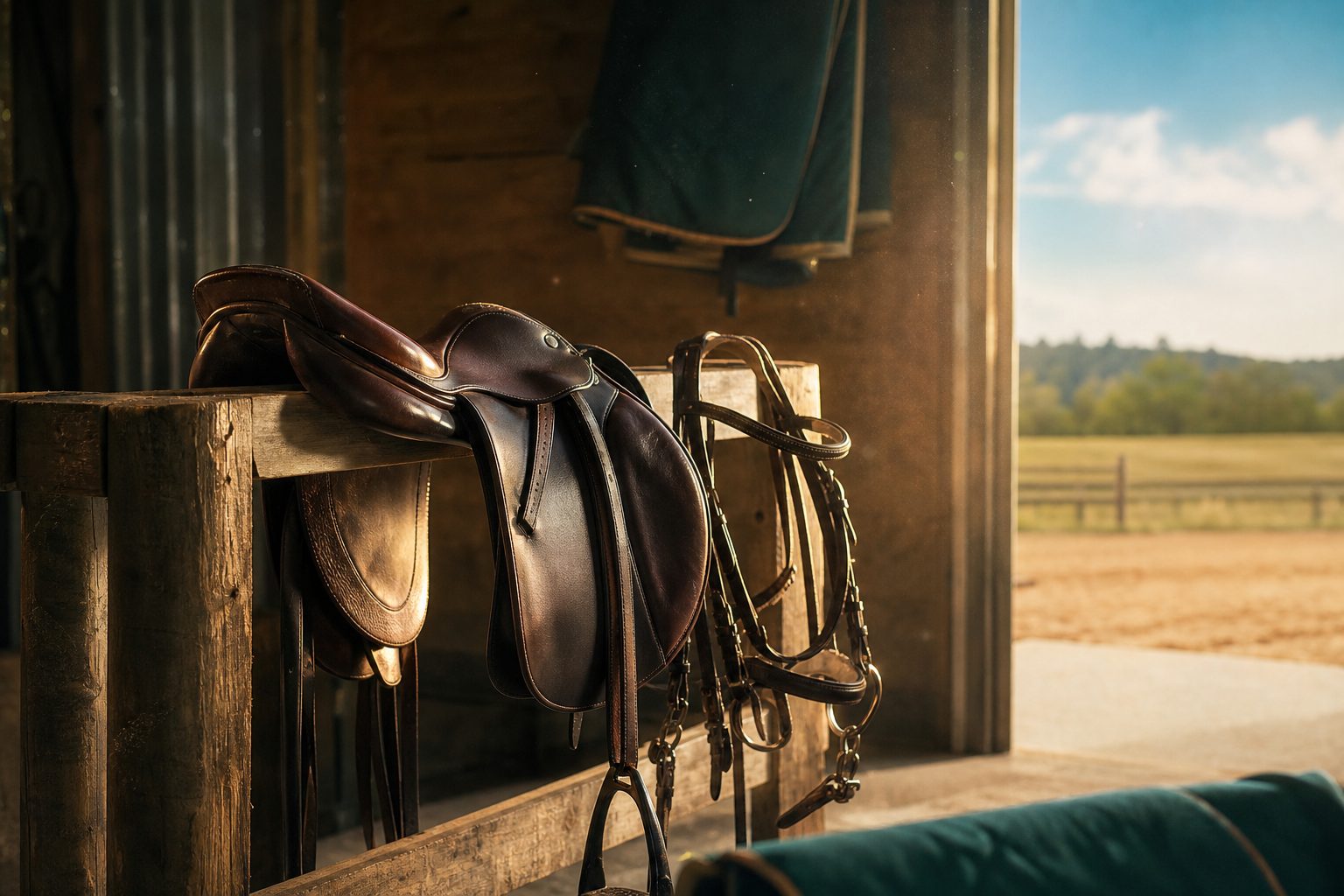 Equipement equestre selle et bride sur râtelier en cuir dans ecurie