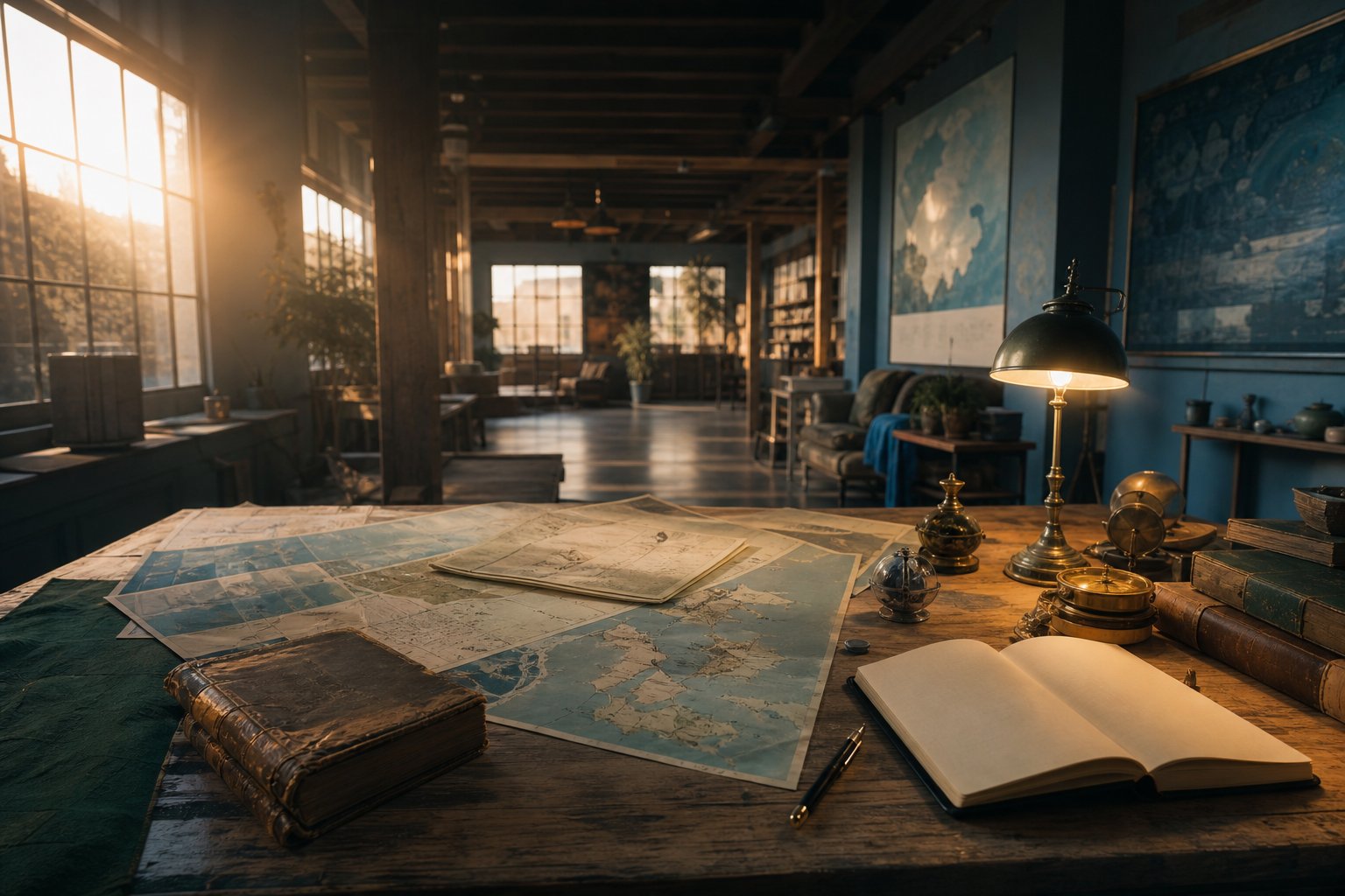 Table de travail de createur avec plans cartes et livres anciens eclairage chaleureux