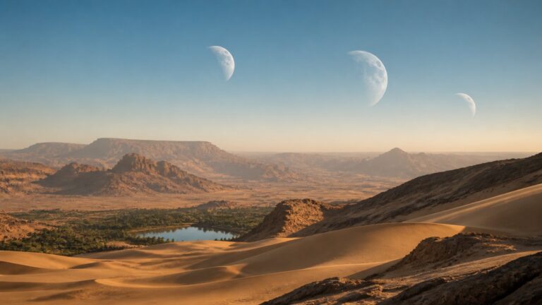Paysage nocturne fantastique avec trois lunes dans le ciel - monde de Tanjor