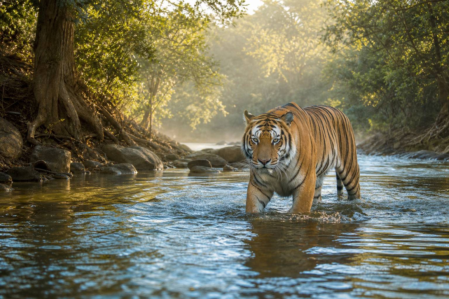 Tigre marchant dans un ruisseau de jungle, ondulations autour des pattes, lumière filtrée
